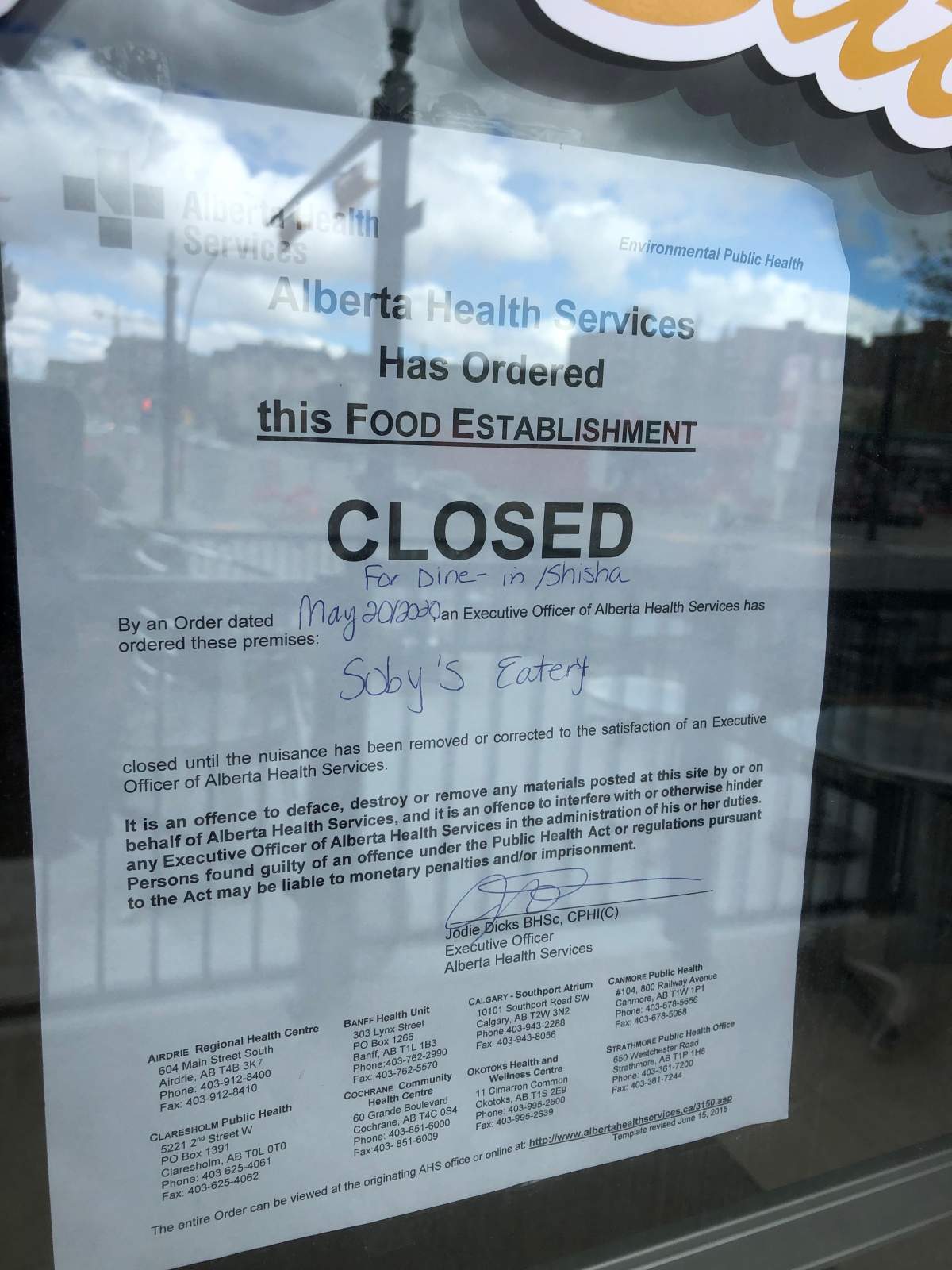 Alberta Health Services ordered Soby’s Eatery, located at 1131 17 Ave. S.W. in Calgary, to close on May 20, 2020.