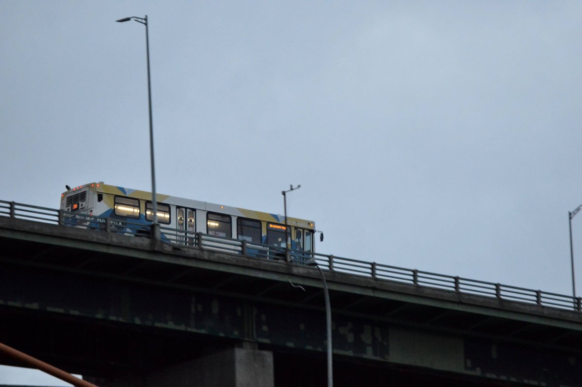 A Halifax Transit bus travels along the MacKay Bridge. 