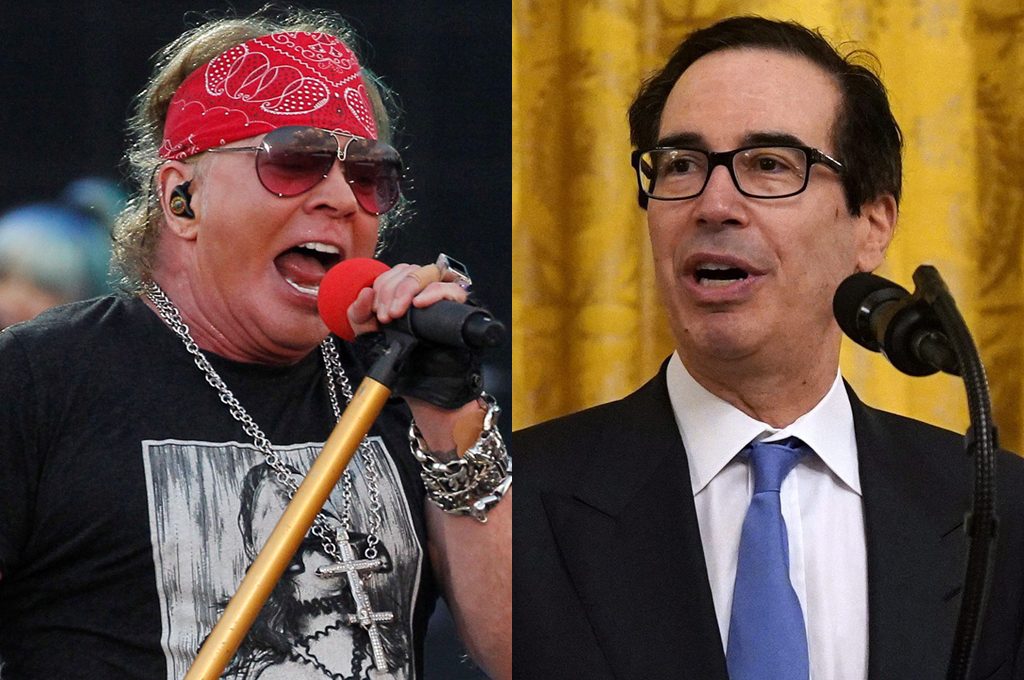 Guns N' Roses frontman Axl Rose, left, and U.S. Treasury secretary Steven Mnuchin.