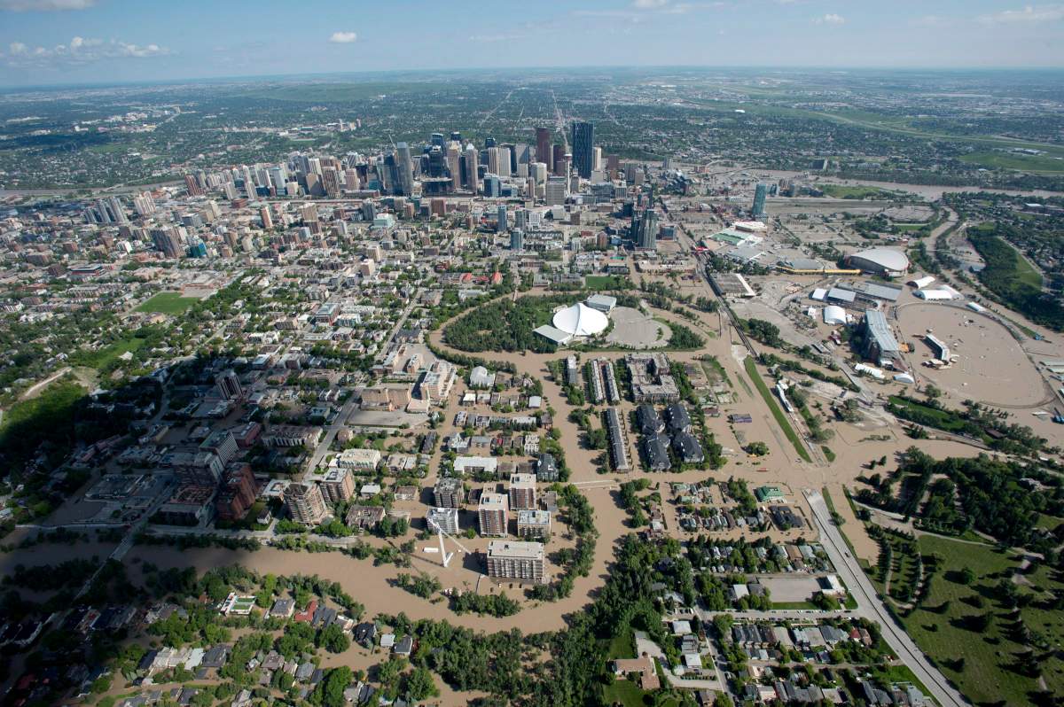 A flooded downtown Calgary is seen from a aerial view of the city Saturday, June 22, 2013.