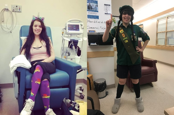 Amanda Neibergall dressed as a unicorn, left, and wearing her stepfather’s Boy Scout uniform from the 1960s.