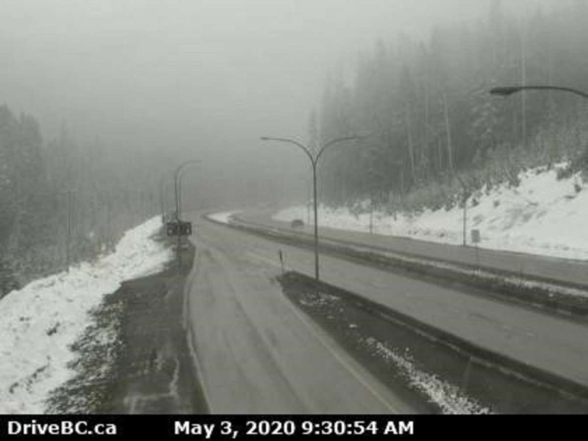 Highway 5 (Coquihalla) southbound at Zopkios Rest Area, near the Coquihalla Summit, looking northeast, at 9:30 a.m. Sunday, May 3.