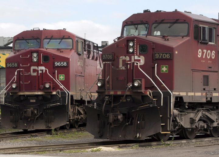 Canadian Pacific locomotives sit in a rail yard Wednesday, May 23, 2012 in Montreal. Canadian Pacific Railway says it moved the most grain last month in the company's 139-year history. 