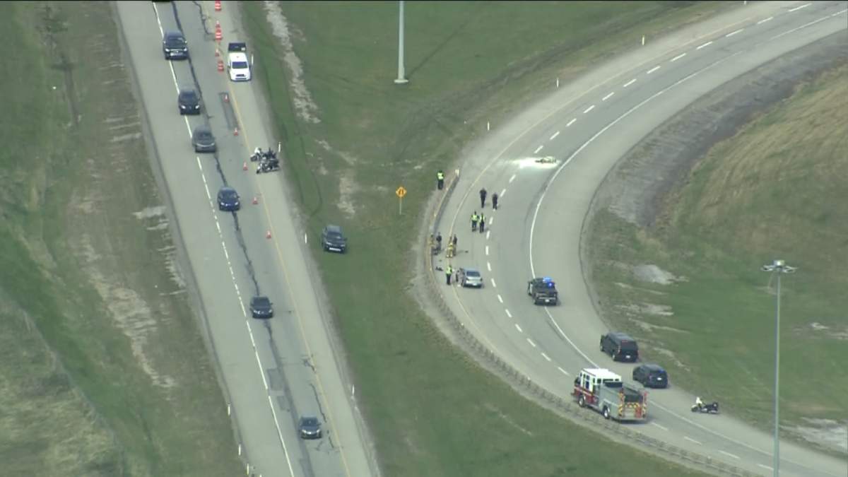 Police closed a ramp in north Calgary as they investigated a serious crash on Friday, May 29, 2020.