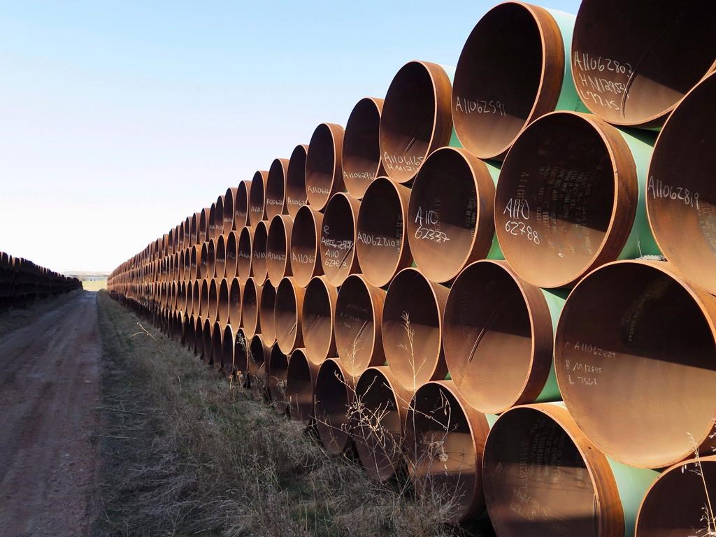 Pipes intended for construction of the Keystone XL pipeline are shown in Gascoyne, N.D. on Wednesday April 22, 2015.
