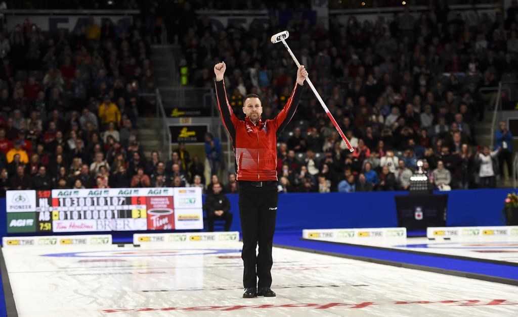 Team Newfoundland skip Brad Gushue celebrates his win over Team Alberta in the Brier final in Kingston, Ont., on Sunday, March 8, 2020.
