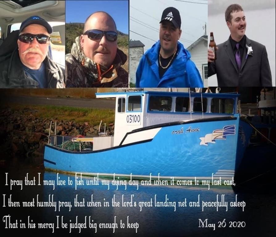 Ed Norman, left to right, Scott Norman, Jody Norman, Isaac Kettle, four fishermen from St. Lawrence, N.L., who went missing while fishing for crab on Monday as shown in this image provided by Melissa Mayo-Norman. A small Newfoundland and Labrador community is preparing a virtual service to mourn the deaths of four fishermen, three of them from one family.