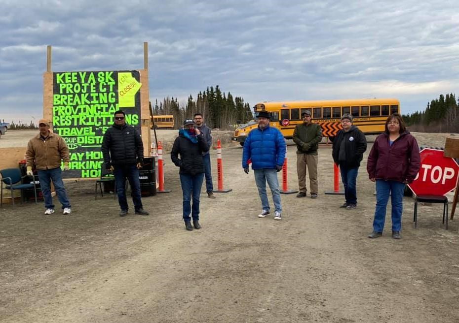 Members of Manitoba First Nations, shown here in this recent handout image, worried about the spread of COVID-19 have been served an injunction ordering the group to remove a blockade into the Keeyask Generating construction site in Split Lake, Man.