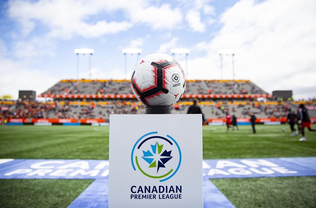 The game ball sits on a pedestal ahead of the inaugural soccer match of the Canadian Premier League between Forge FC of Hamilton and York 9 in Hamilton on April 27, 2019.