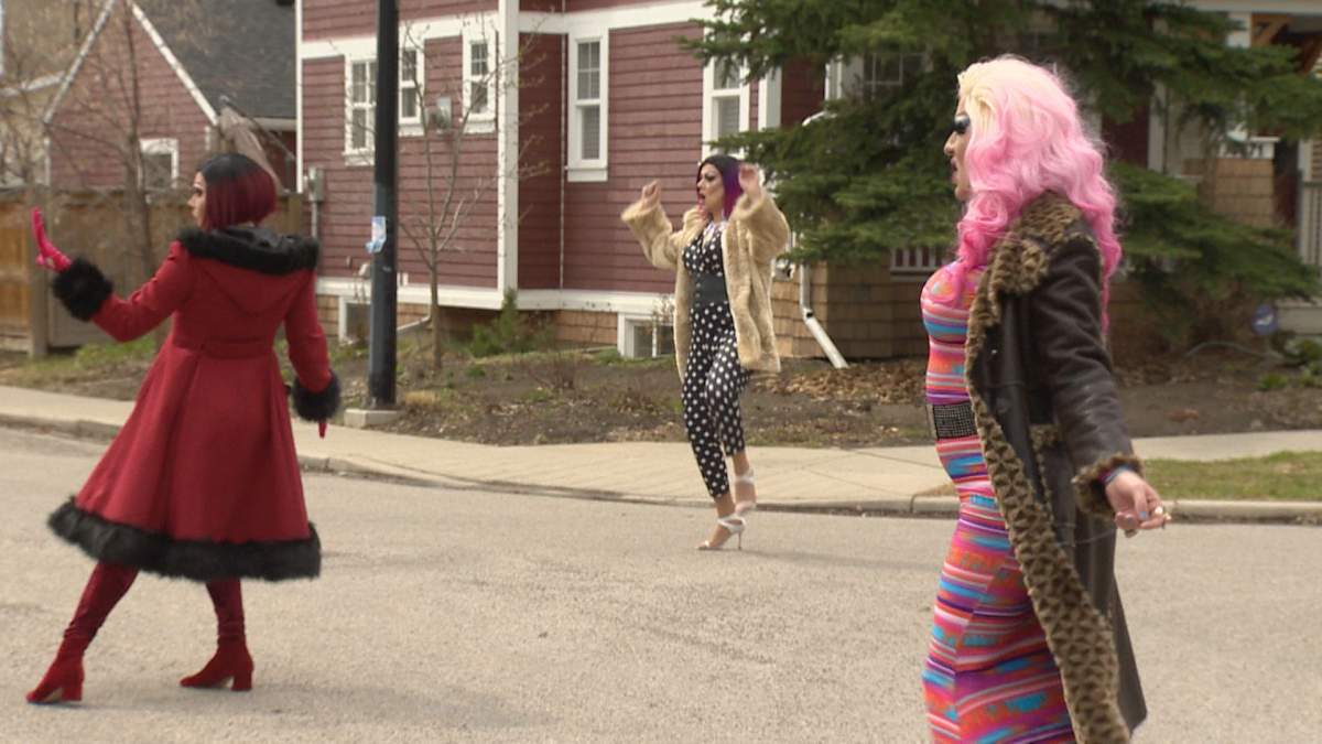Drag queens performed in the street for moms in Calgary on Sunday, May 10, 2020.