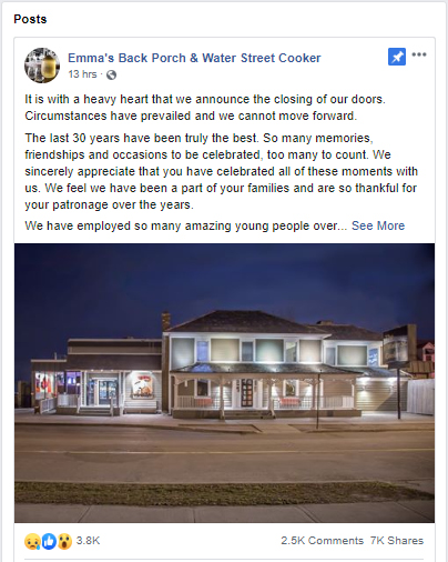 A Facebook post from Emma’s Back Porch in Burlington, Ont., announces the business is closing.