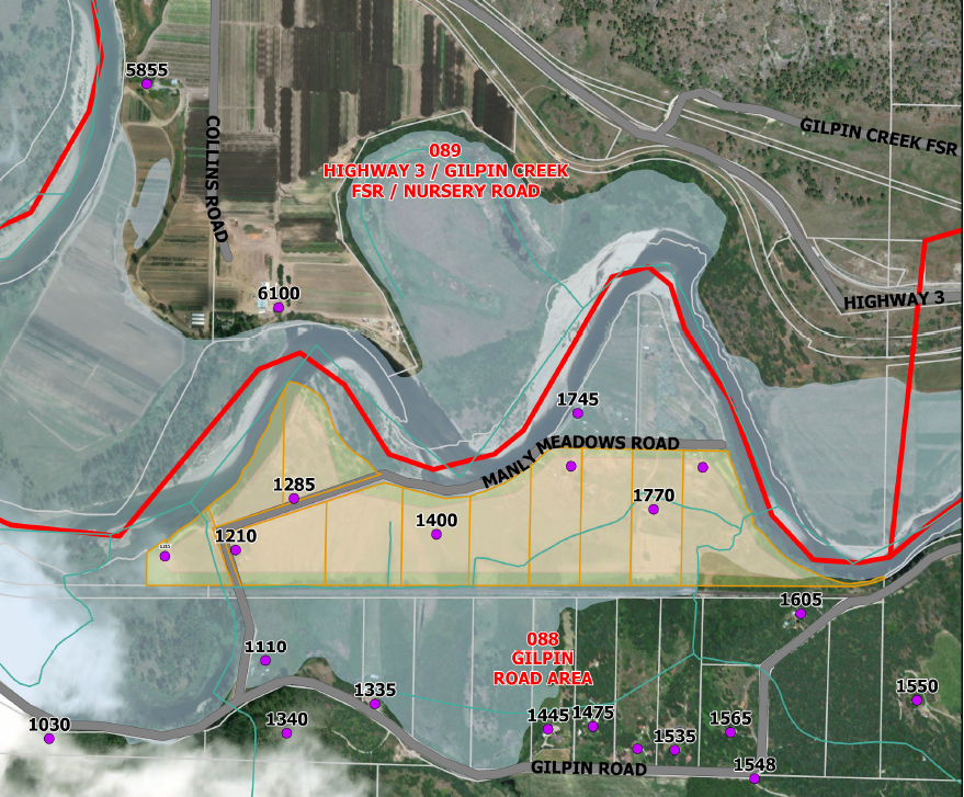 The RDKB emergency operations centre (EOC) has issued evacuation alerts for seven properties in the low-lying Manly Meadows area.