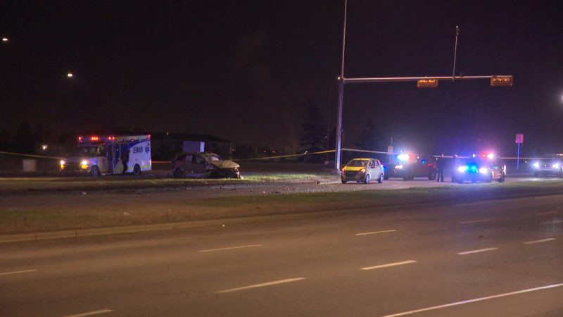 Calgary police investigate a fatal two-vehicle crash on 16 Avenue and 52 Street Northeast just before 3 a.m. on Wednesday, May 13, 2020. 