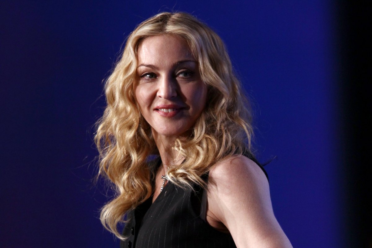 Singer Madonna looks on on during a press conference for the Bridgestone Super Bowl XLVI halftime show at the Super Bowl XLVI Media Center in the J.W. Marriott Indianapolis on February 2, 2012 in Indianapolis, Indiana.  