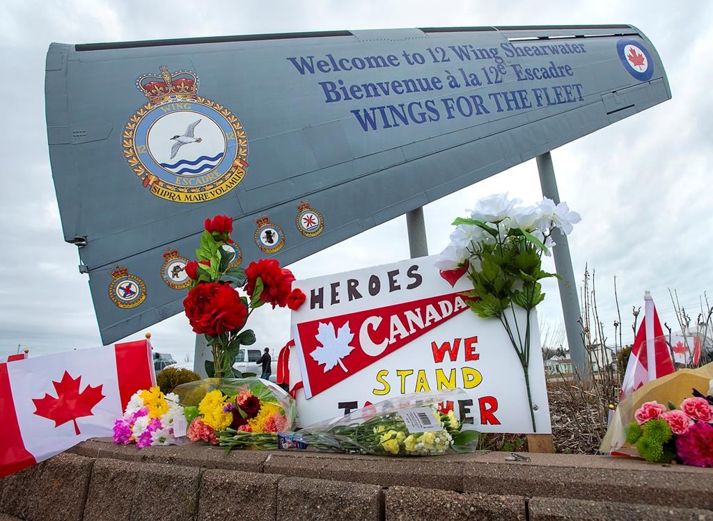 A memorial pays respect to the victims of a military helicopter crash, at 12 Wing Shearwater in Dartmouth, N.S., home of 423 Maritime Helicopter Squadron, on Friday, May 1, 2020. THE CANADIAN PRESS/Andrew Vaughan