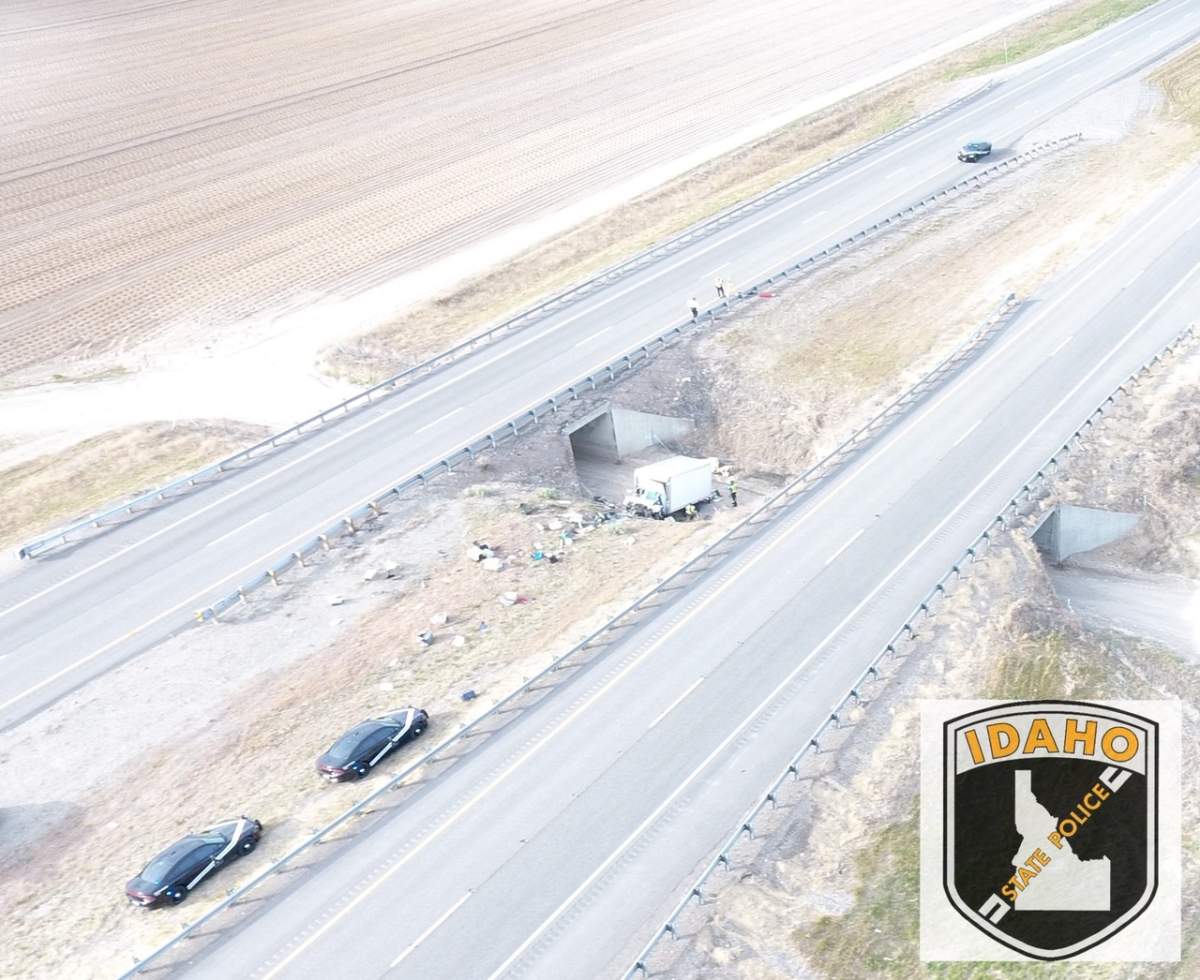 Idaho State Police investigate a crash on Interstate 15 at mile marker 105, west of Shelley, Friday, May 15, 2020.