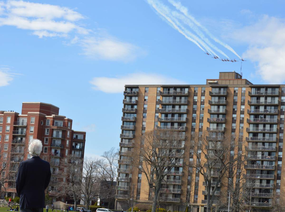 A man watches the Snowbirds as the complete a flyover of the Halifax Common on May 3, 2020.
