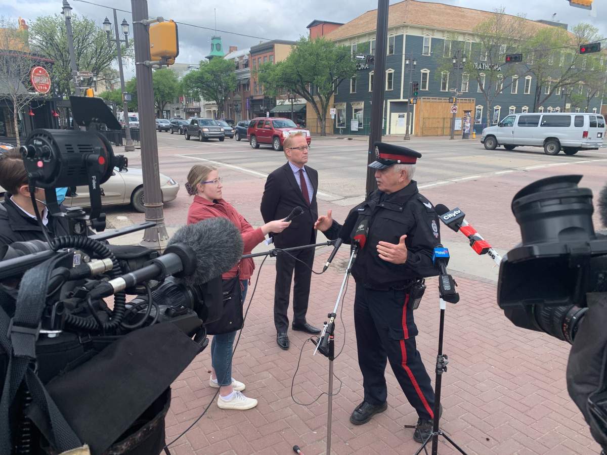 Sgt. Kerry Bates speaks with the media at Whyte Avenue and Gateway Boulevard about Project TENSOR on May 27, 2020.