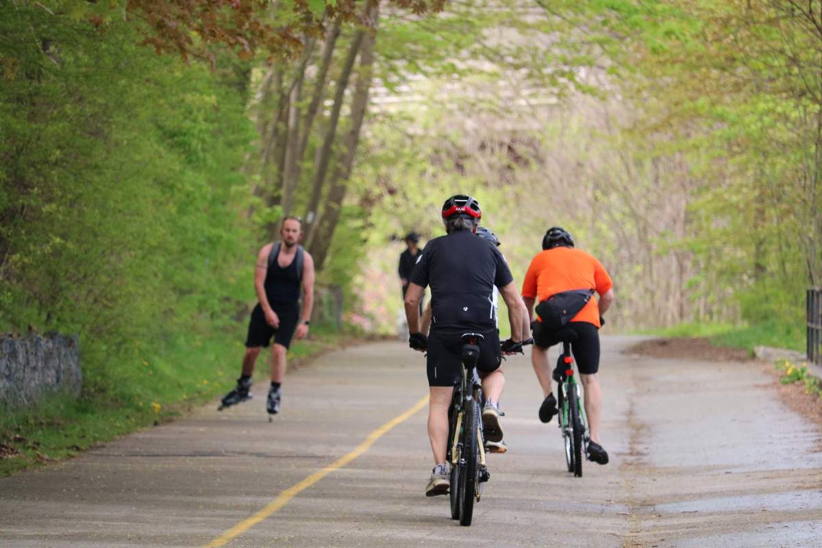 People getting physical excise in Greenway Park in London Ontario on May 22, 2020