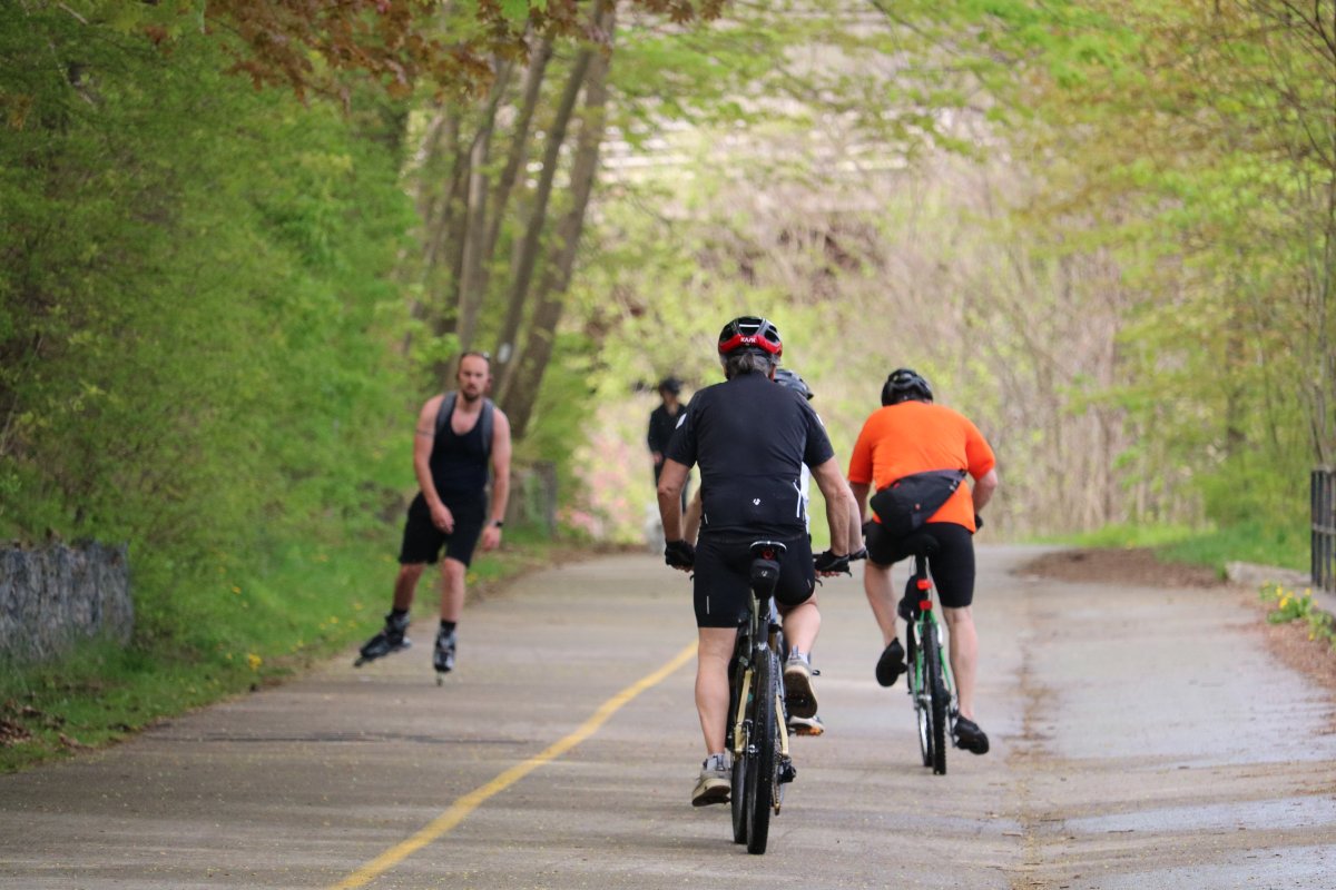 People getting physical excise in Greenway Park in London Ontario on May 22, 2020