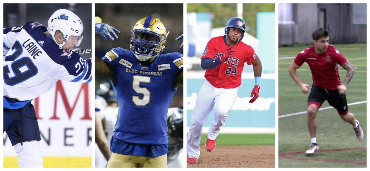 Winnipeg's four professional sports teams. The Jets, Blue Bombers, Goldeyes, andf Valour FC. Photo Credits:  The Canadian Press / Winnipeg Goldeyes / Global News.