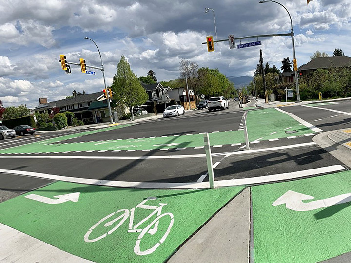 The intersection at Ethel Street and Sutherland Avenue in Kelowna now features a variety of upgrades, including bike lanes and improved lighting.