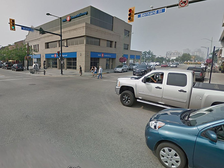 The intersection of Water Street and Bernard Avenue in downtown Kelowna. The city says a pilot project will explore how the public moves in the downtown area.