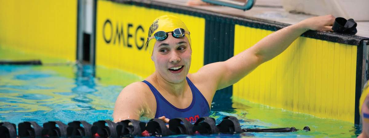 U of M Bisons swimming star Kelsey Wog takes a break during 2020 U Sports national finals in Victoria.