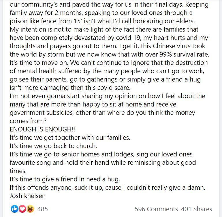The reeve of a northern Alberta municipality took to social media this week to voice his disgust with restrictions brought on by the COVID-19 pandemic, arguing public health measures are taking too much of a toll on people who can’t work or socialize with family and friends.