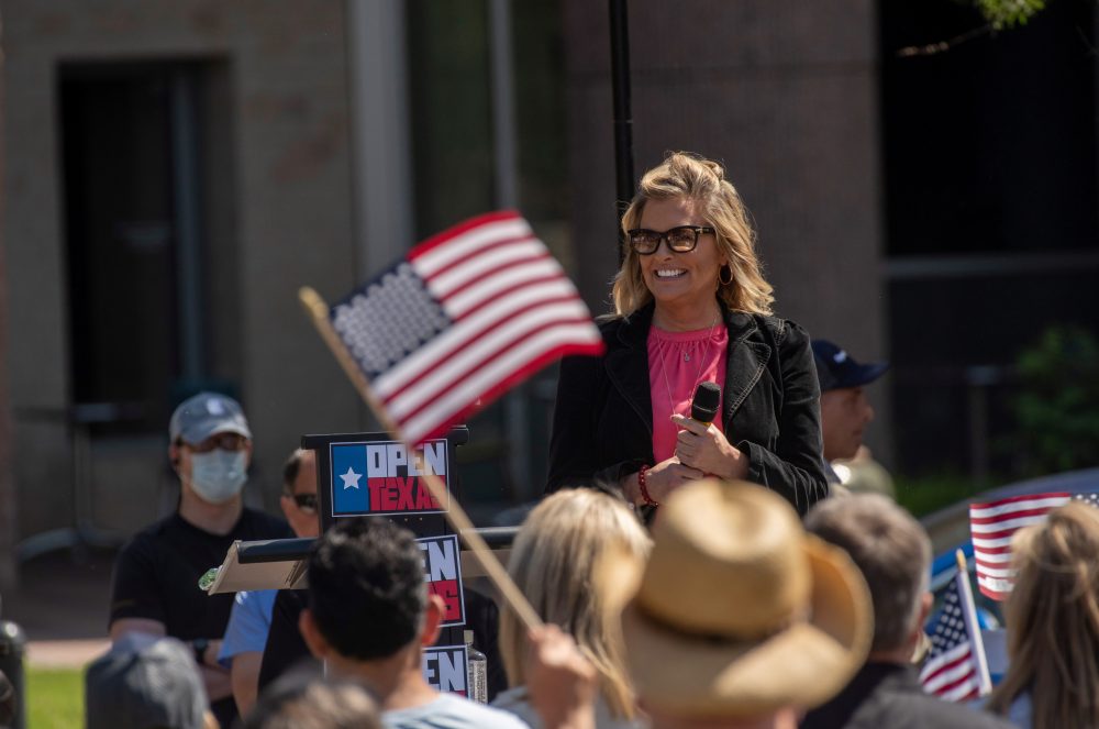 Shelley Luther speaks at an ‘Open Texas’ rally in Frisco, Texas, on Apr. 25, 2020.