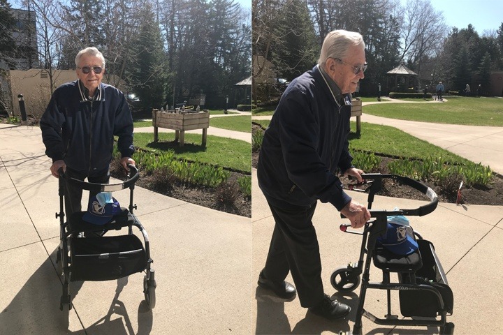 George Markow walks around the garden of his Newmarket retirement home as he works to raise money for medical research.