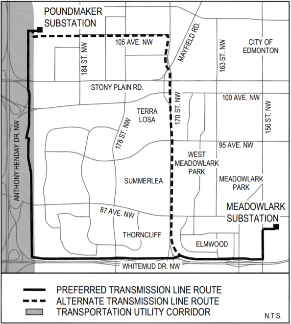 A map of the preferred and alternate routes for the West Edmonton transmission line upgrade.