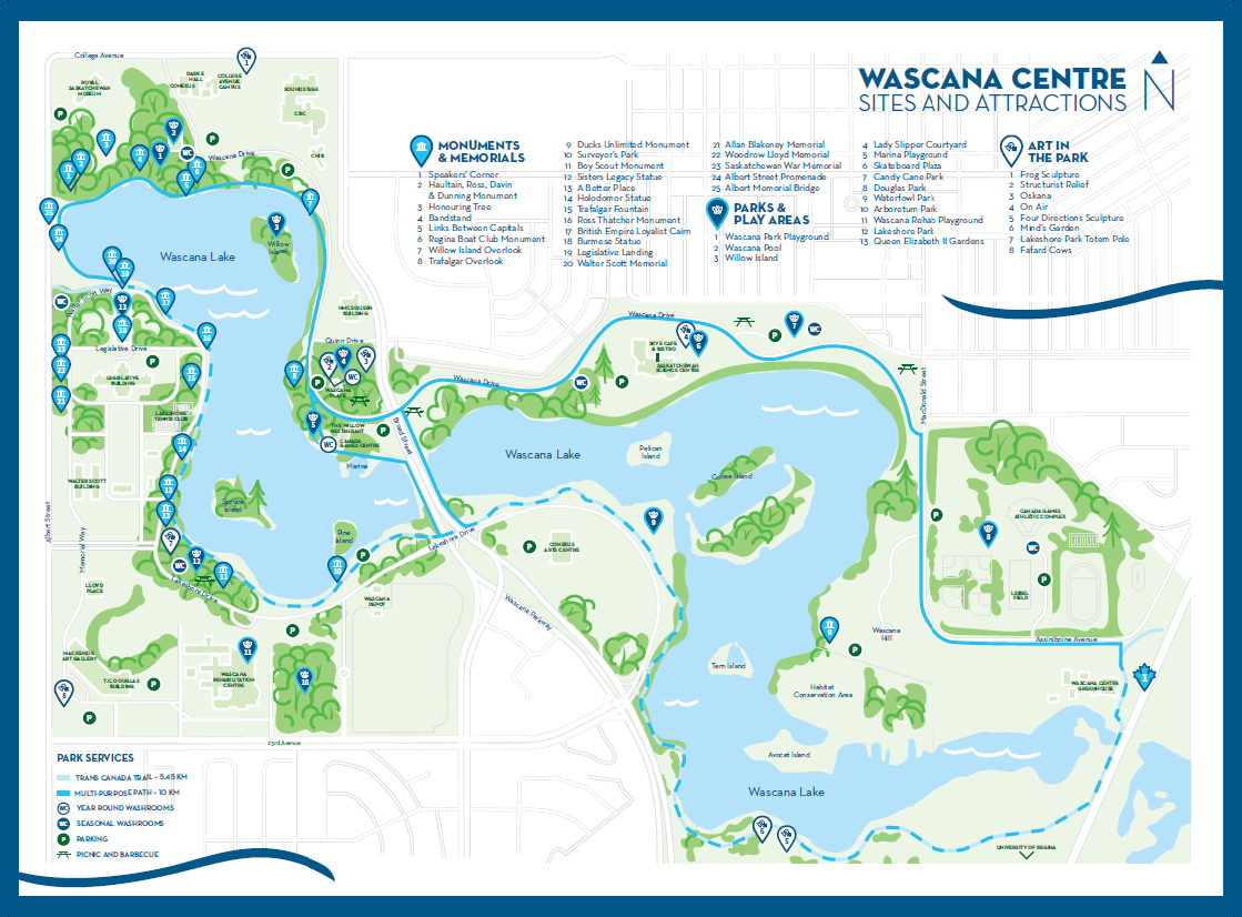 A map of the main path in Wascana Park, which now has navigation assistance through the BlindSquare Event app.