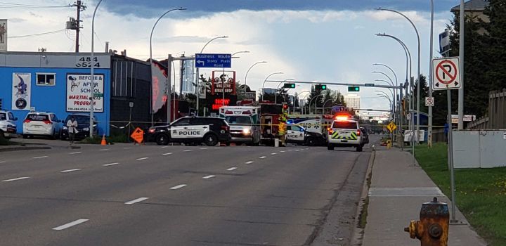 A number of emergency vehicles could be seen on Edmonton's 100 Avenue between 167 Street and 168 Street at about 7 p.m. on Wednesday, May 27, 2020.