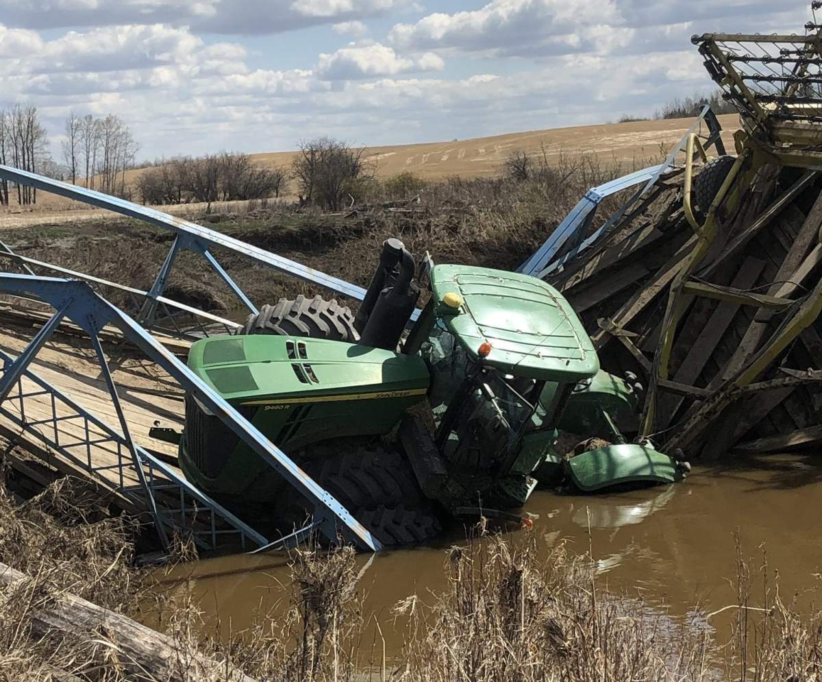 Hazardous materials leaked into the Little Paddle River near Mayerthorpe, Alta. on Tuesday, May 12, 2020 after a bridge collapsed.