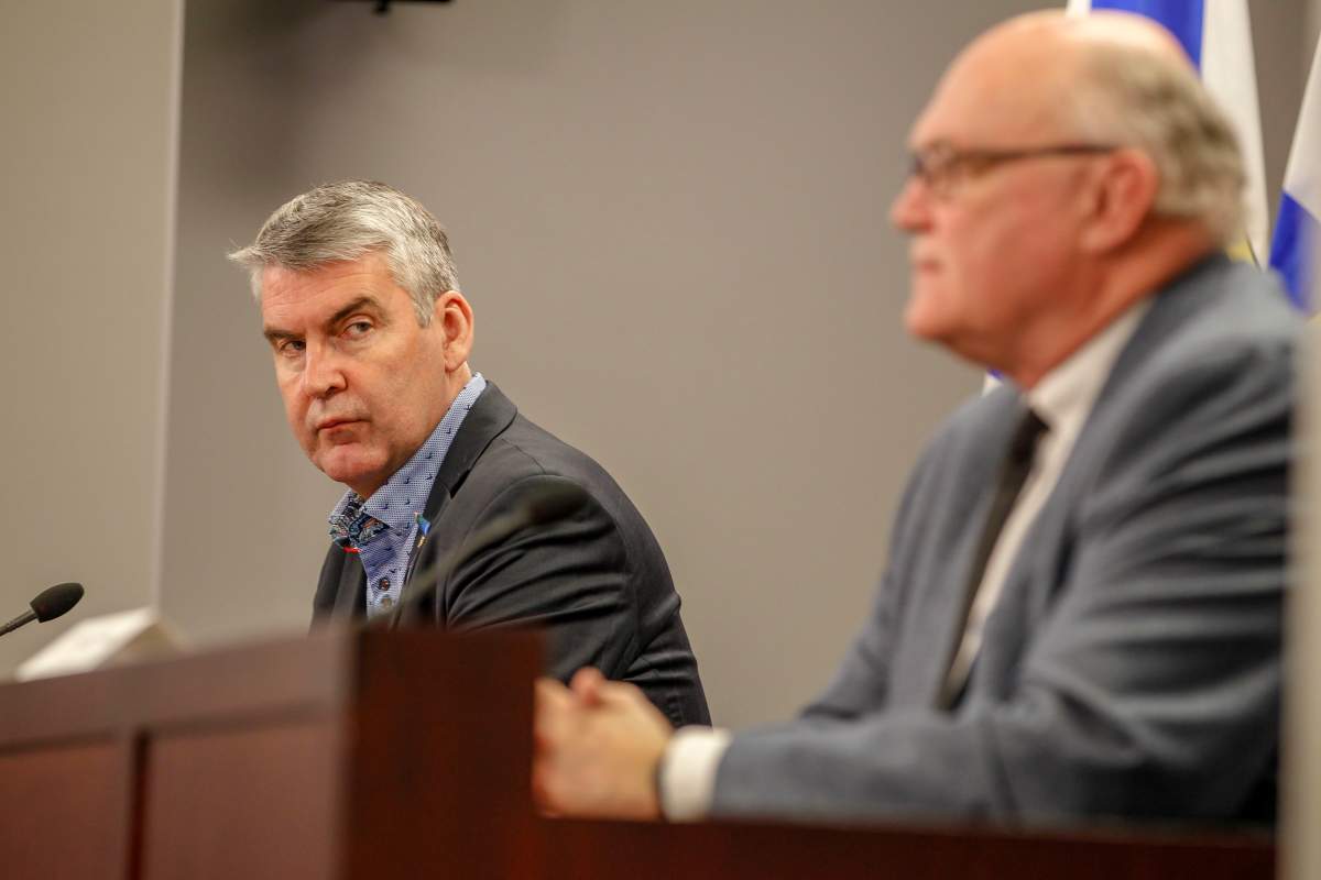 Premier Stephen McNeil and chief medical officer of health Dr. Robert Strang speak at a press briefing in Halifax on Tuesday, May 12, 2020. 