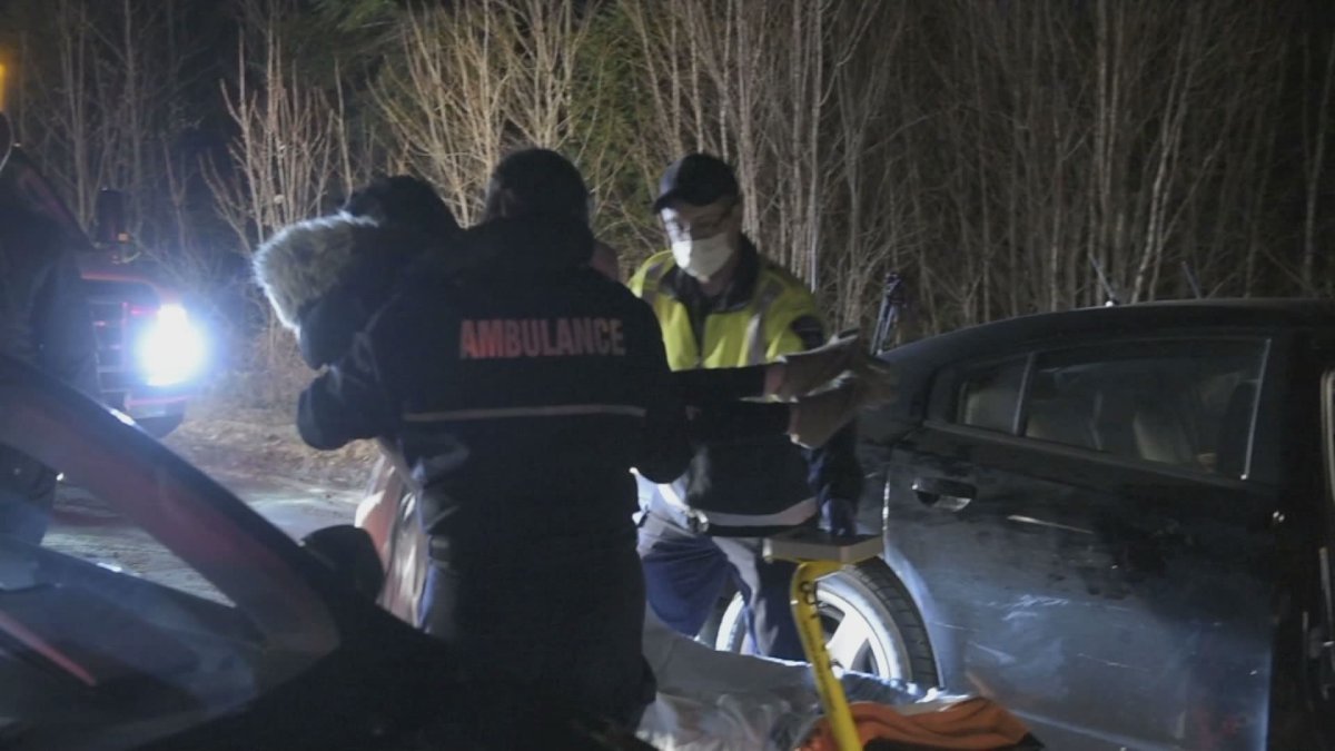 Sûreté du Québec officers recover a girl who had been missing for over eight hours in the Quebec hamlet of Notre-Dame-de-la-Merci overnight between May 7 and 8, 2020.