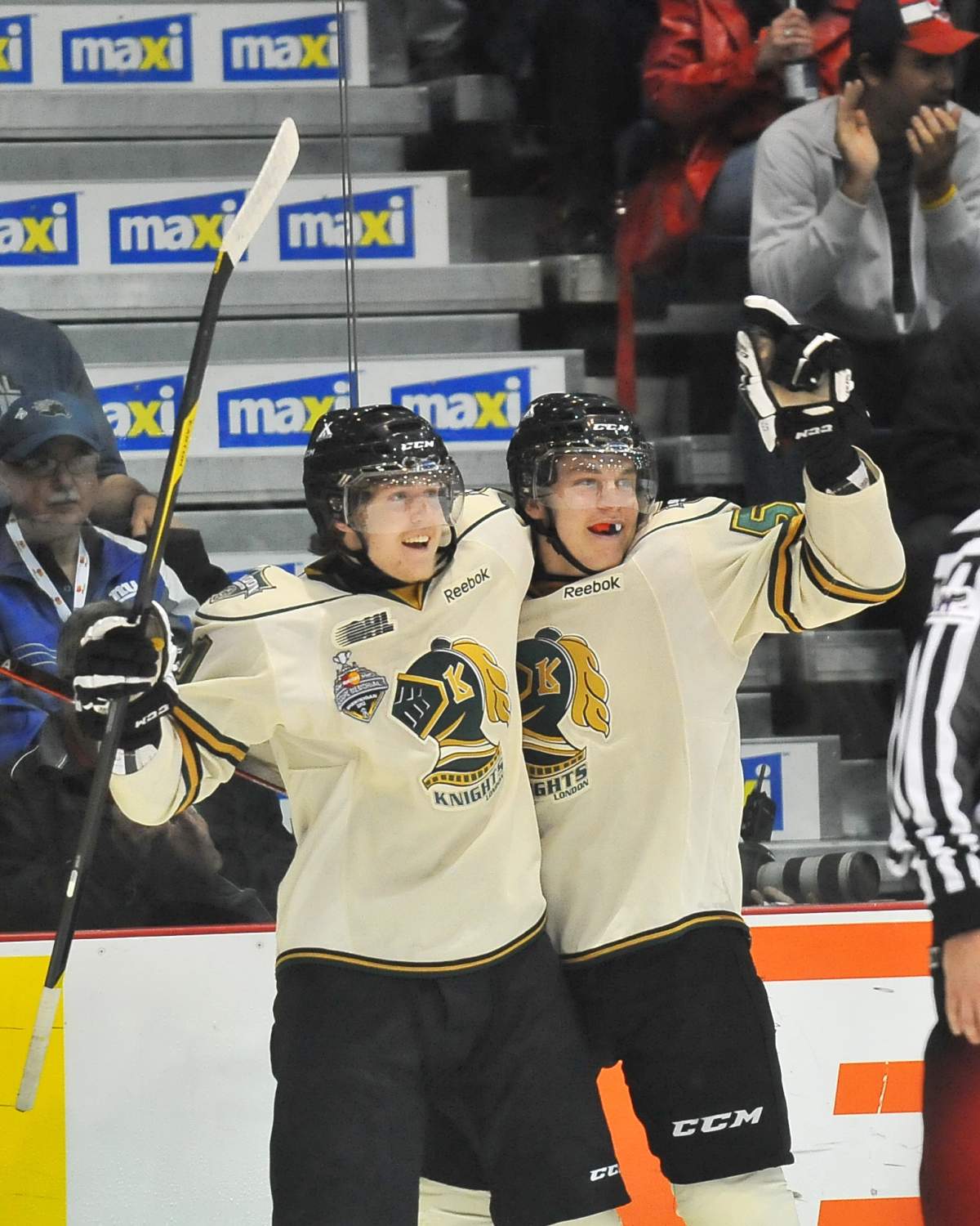 Matt Rupert and Chris Tierney of the London Knights celebrate a goal at the Memorial Cup. (Photo credit: Terry Wilson/CHL Images)