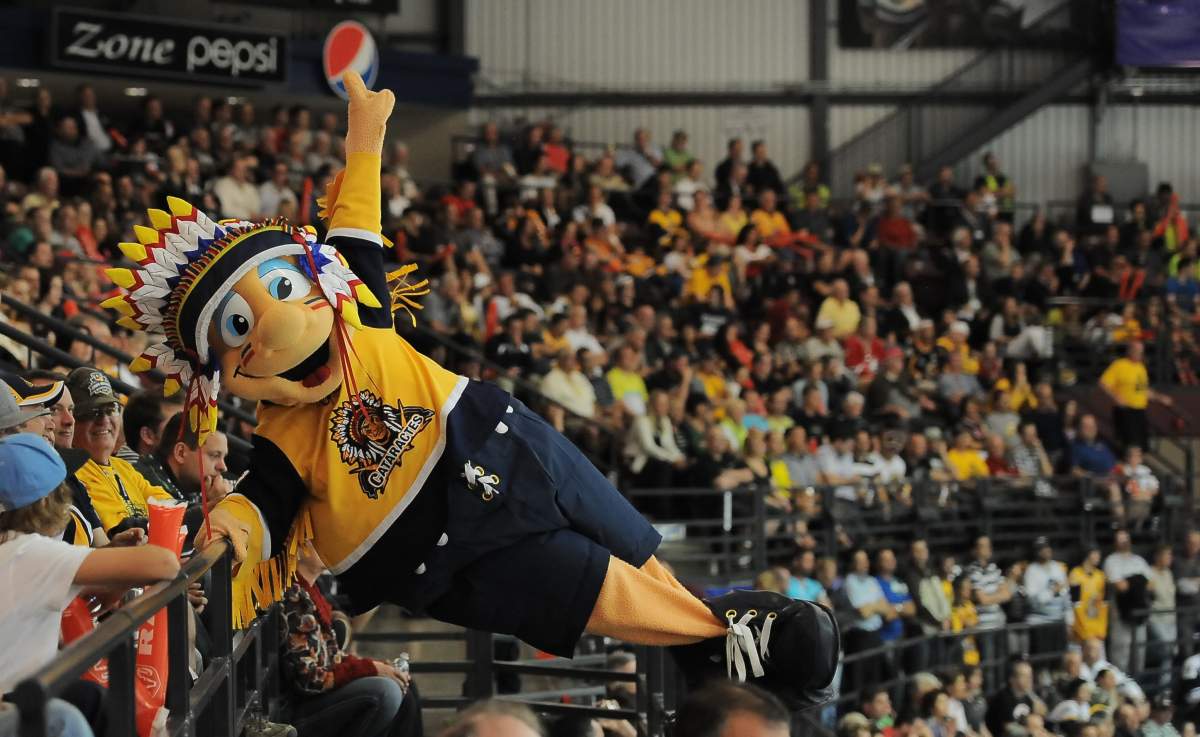 Shawinigan Cataractes mascot Tommy Hawk swings from a railing during the 2012 Memorial Cup tournament.
