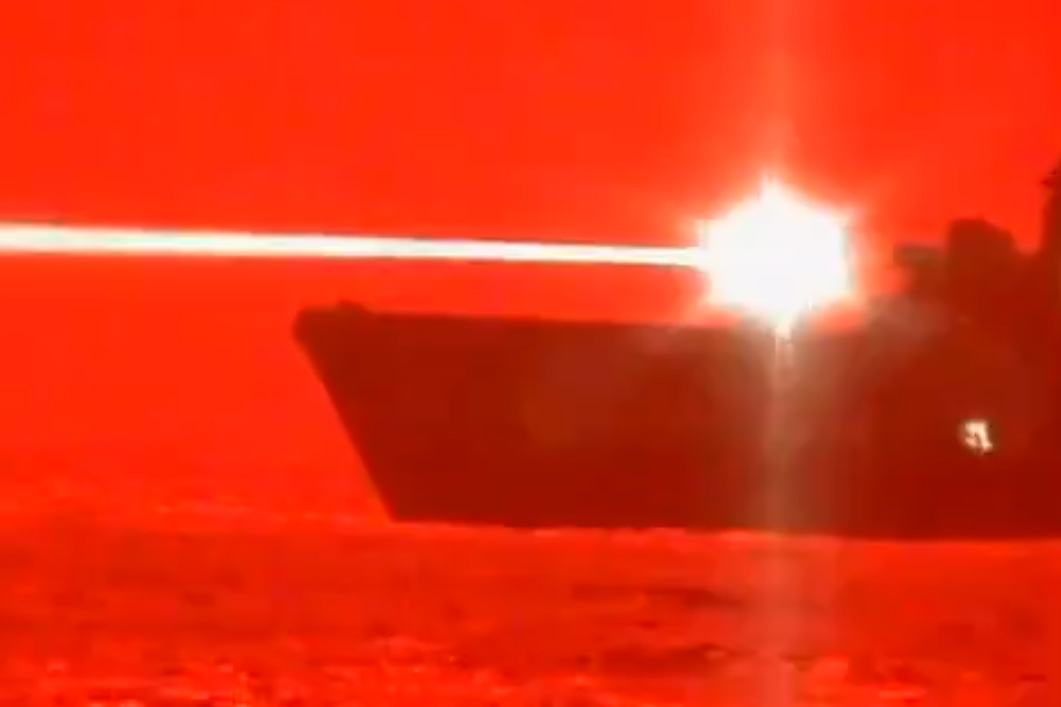 The USS Portland is shown conducting a Laser Weapon System Demonstrator Test in the Pacific Ocean on May 16, 2020.