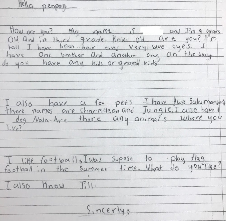 Noah Rosbrook’s first letter that he wrote to his 101-year-old pen pal.