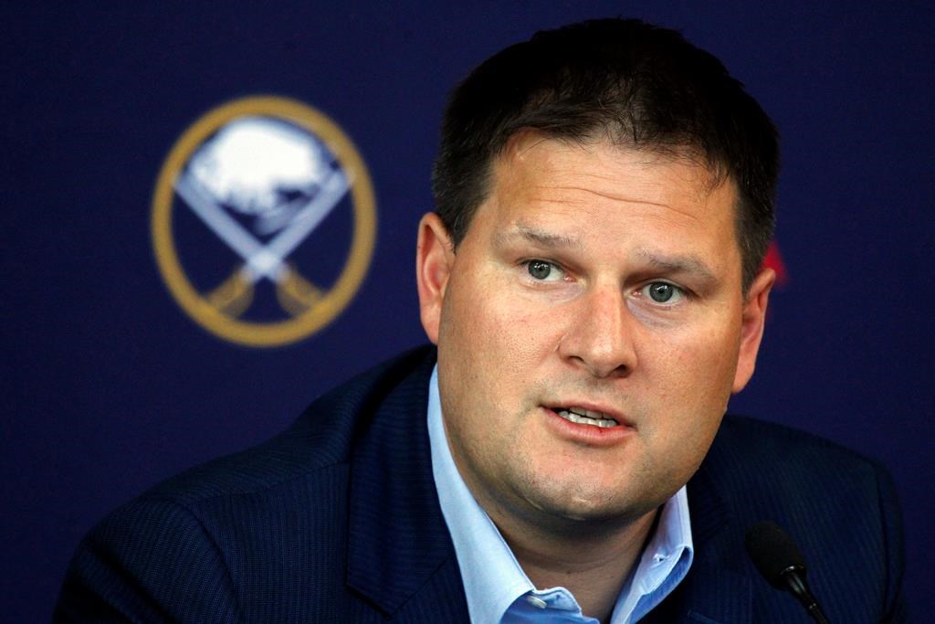 In this June 25, 2018, file photo, Buffalo Sabres general manager Jason Botterill addresses the media during an NHL news conference in Buffalo, N.Y.