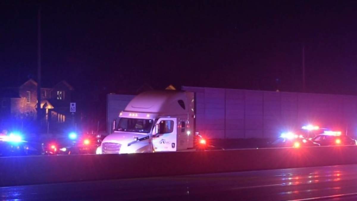 Two men were arrested on Monday morning after OPP say officers stopped a stolen truck with a spike belt on the OEW in Hamilton on May 4, 2020.