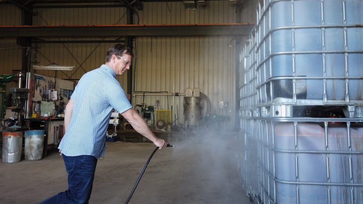 Sean Frisky demonstrates how an ozone mist could decontaminate outdoor surfaces like playgrounds or stadium seats.