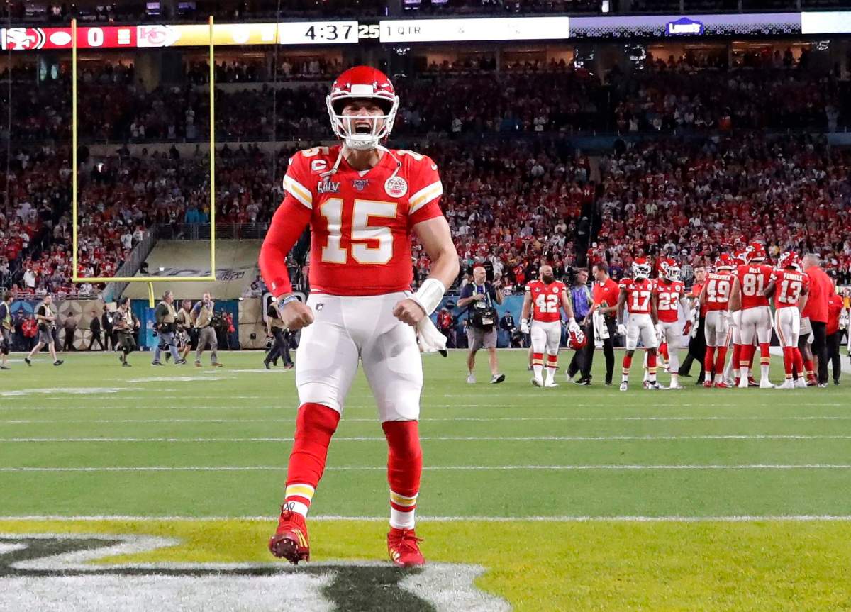 Kansas City Chiefs quarterback Patrick Mahomes (15) gestures before Super Bowl 54 against the San Francisco 49ers Sunday, Feb. 2, 2020, in Miami Gardens, Fla.