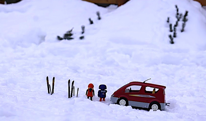 A scene crafted using Playmobil characters as part of an online avalanche training course at MRU.