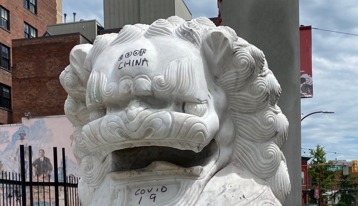 For the second time in weeks, someone has targeted the lion statues in Vancouver's Chinatown with racist graffiti. 