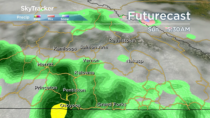 Rain rolls back into the Okanagan on Sunday morning.