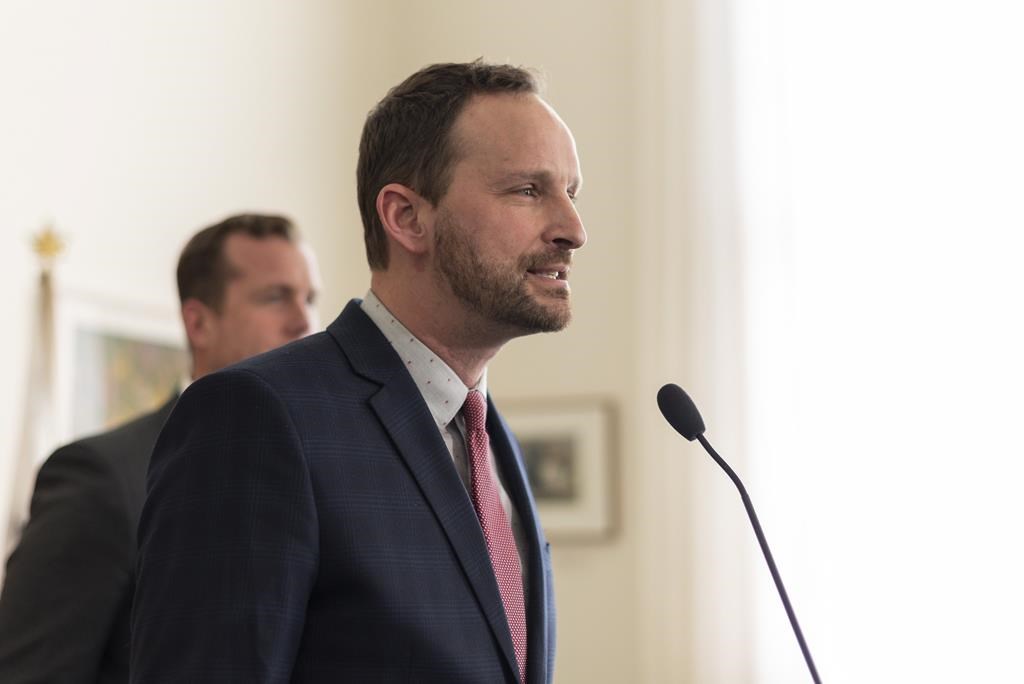 Opposition NDP Leader Ryan Meili speaks during a morning press conference at the legislature in Regina on March 20, 2019.