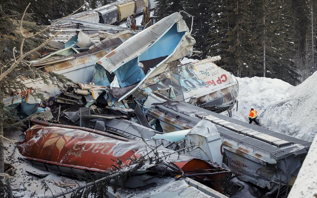 A train derailment is shown near Field, B.C., Monday, Feb. 4, 2019. The Transportation Safety Board says there should be a better way of determining whether a train’s brakes are working as they should. THE CANADIAN PRESS/Jeff McIntosh